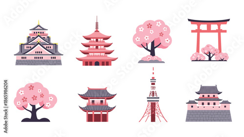 Japanese landmarks and cherry blossoms in flat pastel design
