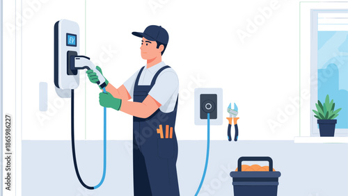 Professional electrician installing ev charging station at home