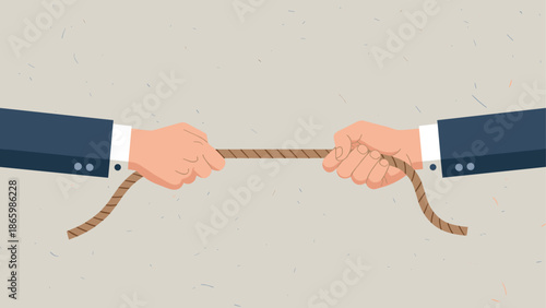 Business competition concept with two hands pulling a rope on neutral background