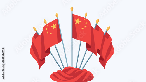 Multiple chinese flags on poles with knotted red base