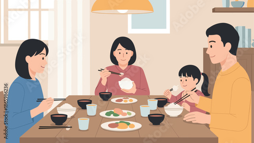Family dining together enjoying asian cuisine in cozy home setting