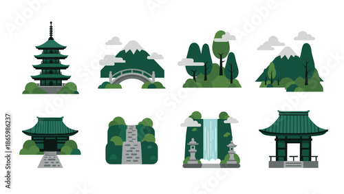 Scenic flat design of traditional japanese landscapes and architecture
