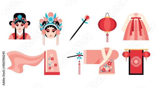 Traditional asian costume and accessories set featuring lantern and headdress