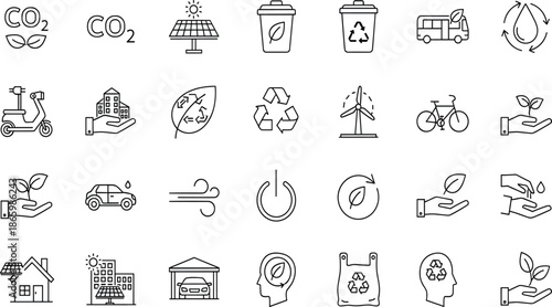 Set of eco friendly line icons, sustainability, green energy, recycling, nature, environment, CO2, solar power, renewable resources, vector graphics collection.