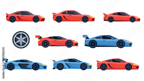 Colorful sport cars collection in flat style with different views and designs