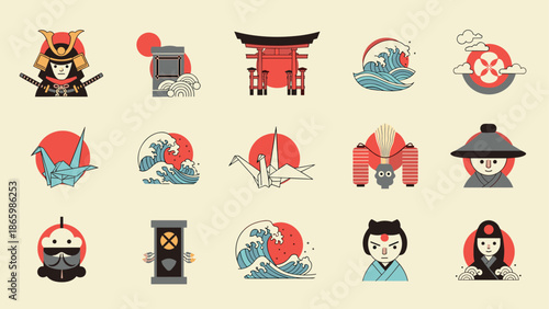 Japanese minimalism: traditional icons and symbols in flat design