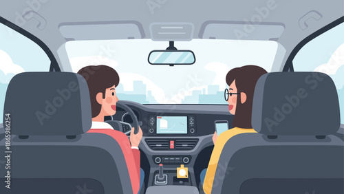 Flat design road trip: two people driving with gps in modern car interior