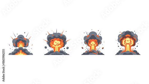 Dynamic cartoon explosion sequence with fiery smoke in flat design style