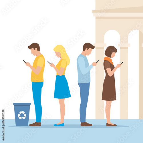 Four individuals engrossed in their phones
