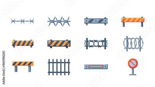 Collection of security barrier elements in flat style: fences, barriers, and signs
