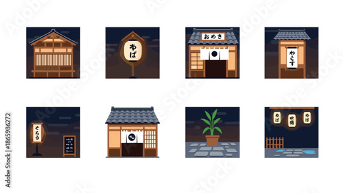 Traditional japanese storefronts and signages in flat design