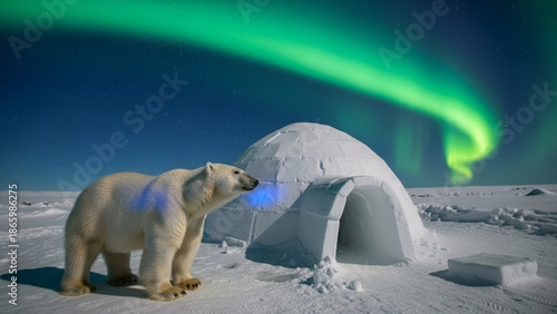 Polar Bear Standing Near Igloo under Aurora Borealis in Arctic Snow