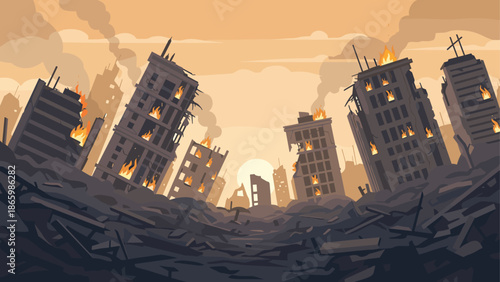 Desolate urban ruins ablaze in twilight with smoking skies and crumbling structures