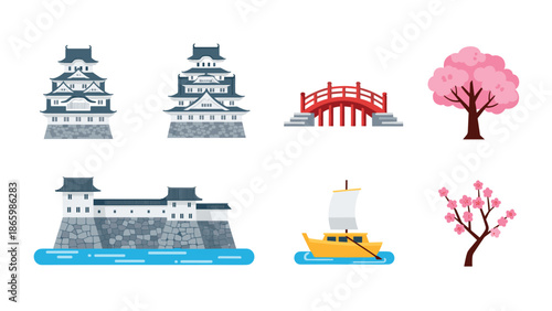 Traditional japanese landmarks and nature elements in flat design