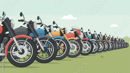 Colorful motorbike lineup on a clear day in flat design style