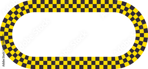 Yellow black checkered oval frame border. Bold rounded outline with racing style pattern. Ideal for banners, labels, signage, and layout highlights.