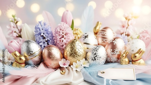 A sweet little girl celebrates Easter with eggs, bunnies, and pink spring blossoms in a beautiful holiday nature setting filled with gifts, roses, and festive treats
