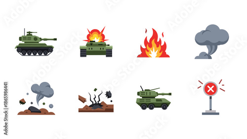 Military tank warfare elements with explosions and smoke effects
