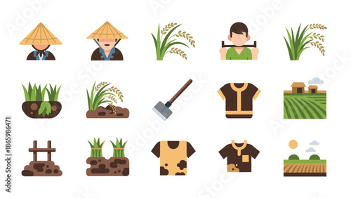 Farming traditions and rice cultivation symbols in simple flat design