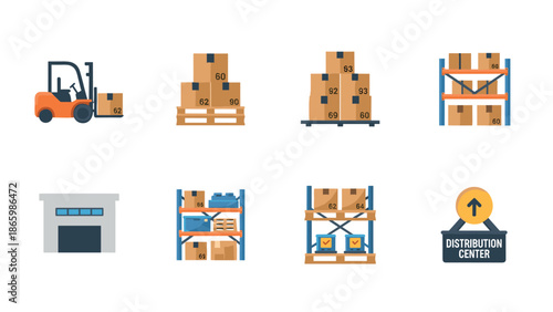 Logistics and warehouse icons featuring forklift, pallets, and storage shelves