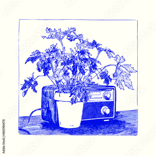 Vintage radio with potted plant illustration