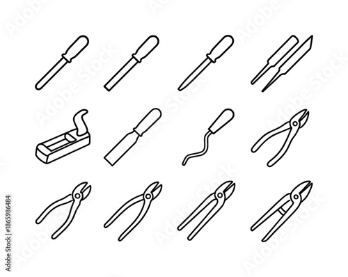 Sharp Tools Icons. Sharp tools. Line icon set of Sharp tools: metal file, flat file, round file, triangular file, rasp plane, scraper tool, deburring tool,