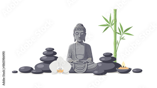Serene meditation scene with buddha statue, bamboo, and zen stones