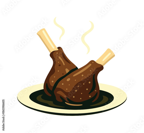 Braised Lamb Delight. Braised lamb shanks. A pair of lamb shanks lean together, sauce glistening in gentle gradients. Rising steam forms elegant curls. Modern