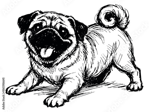 Hand drawn line art illustration of a pug depicting it panting happily for pet-themed designs