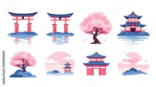 Japanese landscape elements in minimalist watercolor style