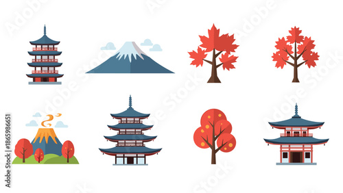 Traditional japanese pagodas and autumn foliage with mount fuji and volcano icon set