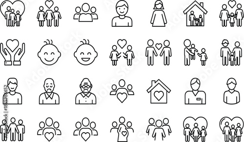 Set of family icons, social relationship symbols, community elements, parents, children, pregnancy, elderly care, love, home life, and diverse human connection (21 words)