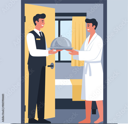 Smiling Hotel Attendant Delivers Room Service Meal to Guest in Robe