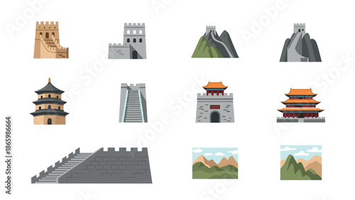 Icon set of chinese landmarks and great wall illustrations in flat design