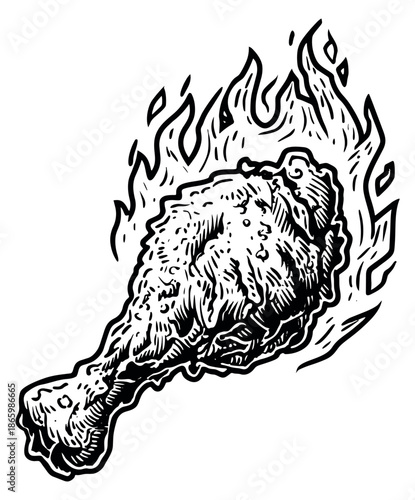 Hand drawn line art illustration of a spicy fried chicken drumstick depicting fire for fast food restaurant promotions