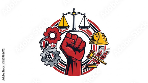Red Fist Clenched in Solidarity with Scales of Justice, Gears, and Tools Surrounding