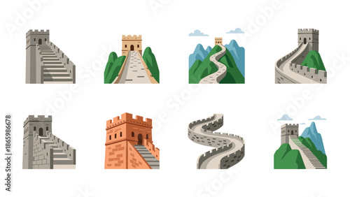 Iconic great wall depictions in cartoon style featuring various scenic views