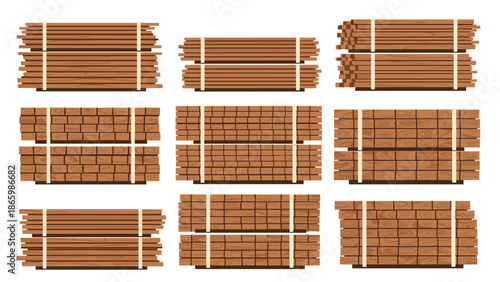 Large collection of stacked lumber and wooden planks in various bundles and sizes, neatly organized for construction or carpentry projects.