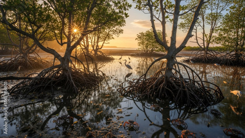 Mangrove Trees with Exposed Roots in Water at Sunset, Drone Shot