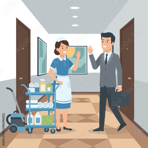 Smiling Hotel Maid and Businessman Wave Hello in a Hotel Hallway
