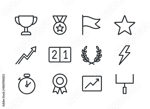 Winning Streak Icons. Winning Streak. Line icon set of Winning Streak: trophy, medal, flag, star, upward arrow, scoreboard, laurel wreath, lightning bolt,
