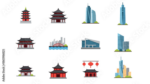 Icon set of asian architecture and modern cityscapes