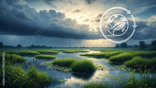 Stormy Weather over Wetland with Recycling Symbol, Environmental Conservation Concept