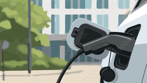 Electric car charging in urban setting with modern architectural background