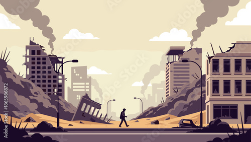 Post-apocalyptic cityscape with ruined buildings and smoky sky in flat style