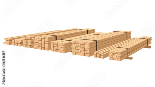 Assortment of light brown wooden planks and lumber, neatly stacked and bundled on a white background, representing construction or woodworking supplies.