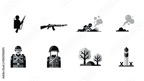 Military icons set: soldier, weapons, and battlefield scenes in monochrome style