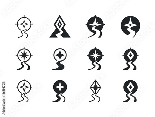 Leadership Integrity Icons. Integrity in Leadership. Icon set. Set Logo of Integrity in Leadership: compass and path. harmonious logo variations of the same