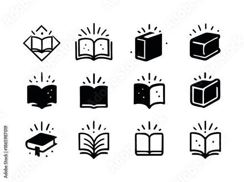 Enchanted Book Logos. Dusty tome. Icon set. Set Logo of Dusty tome: enchanted book light. harmonious logo variations of the same emblematic concept, each with