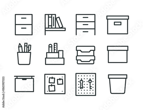 Office Storage Icons. Office storage. Line icon set of Office storage: filing cabinet, bookshelf, drawer unit, wall shelf, pen holder, desk organizer, paper